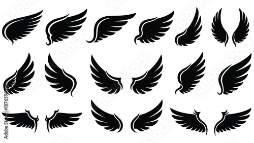 Collection of various black wing designs arranged in a grid format