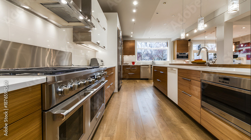 cabinetry. Modern kitchen interior with clean contemporary cabinetry and appliances in a spacious layout. real-estate listings.