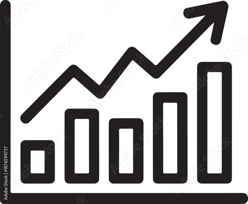 Growing bar graph icon with arrow going up. Financial success and profit growth symbol. Business development and progress chart. Market trend and data 
