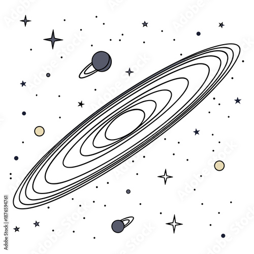Saturn like planet with ring system and moons in starfield