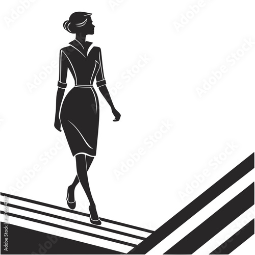 Black silhouette woman walking on runway in dress heels