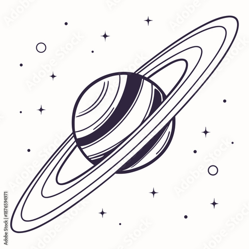 Isolated black and white saturn planet with rings and stars