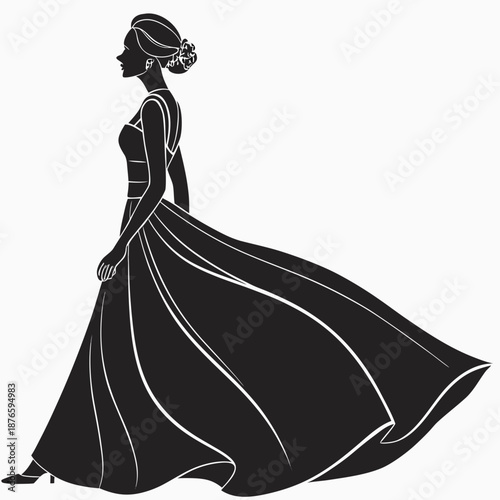 Black and white silhouette of woman in evening gown profile view
