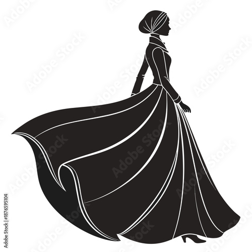 Black silhouette woman in ethnic long dress with white lines
