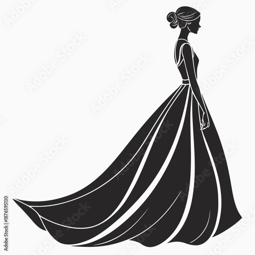 Woman in long black evening gown silhouette with veil 1