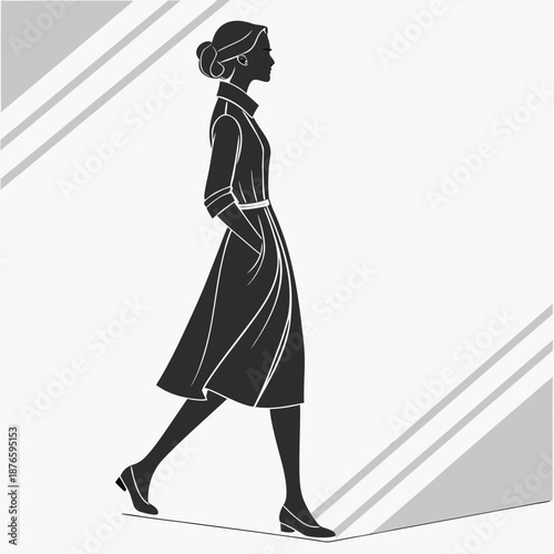 Woman in modest dress walking silhouette black and white