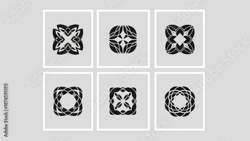 Six black and white symmetrical floral designs framed in white squares