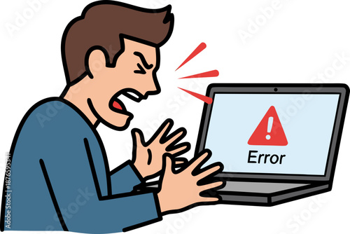 An angry user screams at the laptop because of an error on the screen. The concept of neural network hallucination, software failure, and system error 404 .