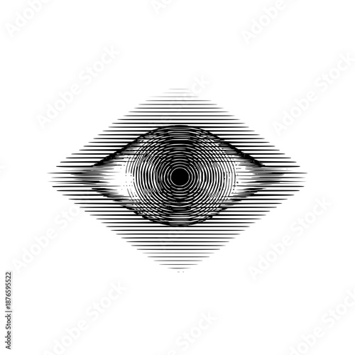 Stylized eye illustration using horizontal lines creating a concentric circle pattern for the iris and pupil