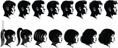 Collection of side profile silhouettes showing diverse male and female hairstyles, hair growth stages, salon transformation concepts, barber shop style guides, and fashion headshots.