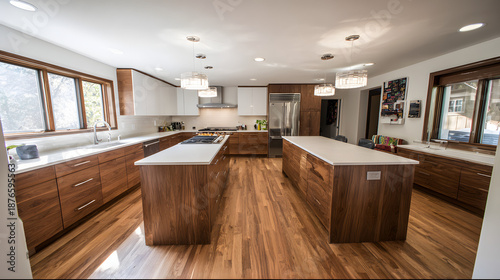 cabinetry. Modern kitchen interior with clean contemporary cabinetry and appliances in a spacious layout. real-estate listings.
