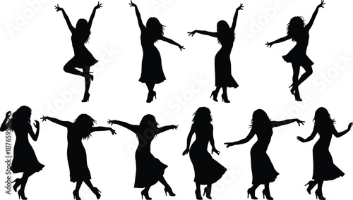 Dancing woman silhouette set in various active poses, female dancer figures collection, girl dancing happily, black vector isolated on white background, party lifestyle elements.