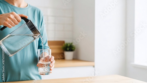 Person pouring fresh water into a glass in a modern kitchen