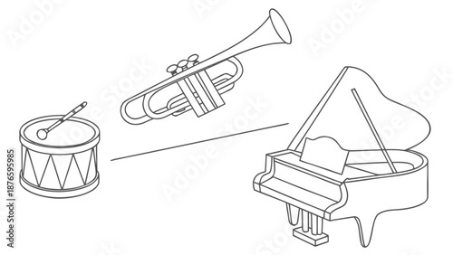 Musical instruments including a trumpet, drum, and grand piano arranged in a simple composition.