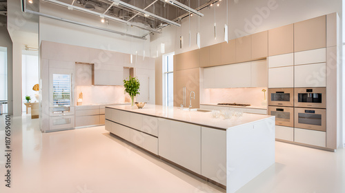 cabinetry. Modern kitchen interior with clean contemporary cabinetry and appliances in a spacious layout. real-estate listings.