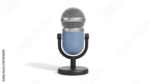 A 3D condenser microphone icon with a minimalist, retro design. The combination of blue-gray and metallic silver accents on a white background creates a modern, professional look for podcasts or music