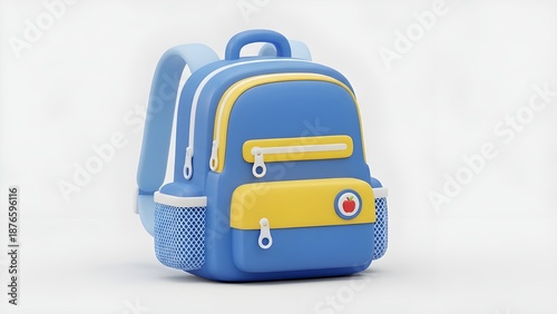 A cheerful blue and yellow 3D school backpack icon. The minimalist design, featuring an apple pendant detail, looks modern and clean on a white background.