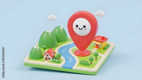 Adorable 3D navigation map icon with a smiling red location pin over a miniature landscape. Featuring green mountains, rivers, and tiny houses in a cheerful, minimalist style.