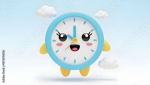 A cute 3D wall clock icon with a cheerful facial expression. In light blue and yellow with cloud accents, it creates an imaginative and child-friendly look against a bright background.