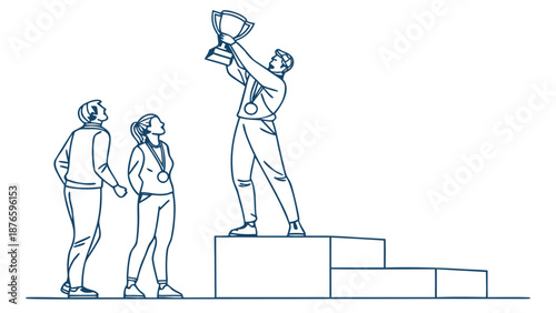 Athlete celebrates victory on podium, holding trophy aloft with onlookers watching