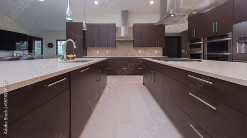 cabinetry. Modern kitchen interior with clean contemporary cabinetry and appliances in a spacious layout. real-estate listings.