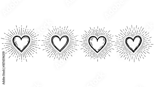 Four hearts with radiating lines on a white background