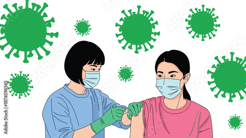 Professional nurse administering vaccine dose to young woman wearing protective face mask for immunity against contagious viral infection and global pandemic disease outbreak prevention