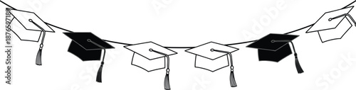 Graduation caps garland banner in black and white line style education celebration vector illustration isolated on white background