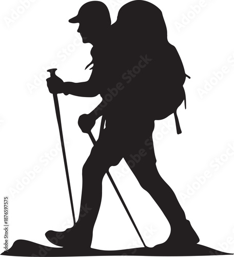 Silhouette of a Hiker with Backpack and Walking Sticks