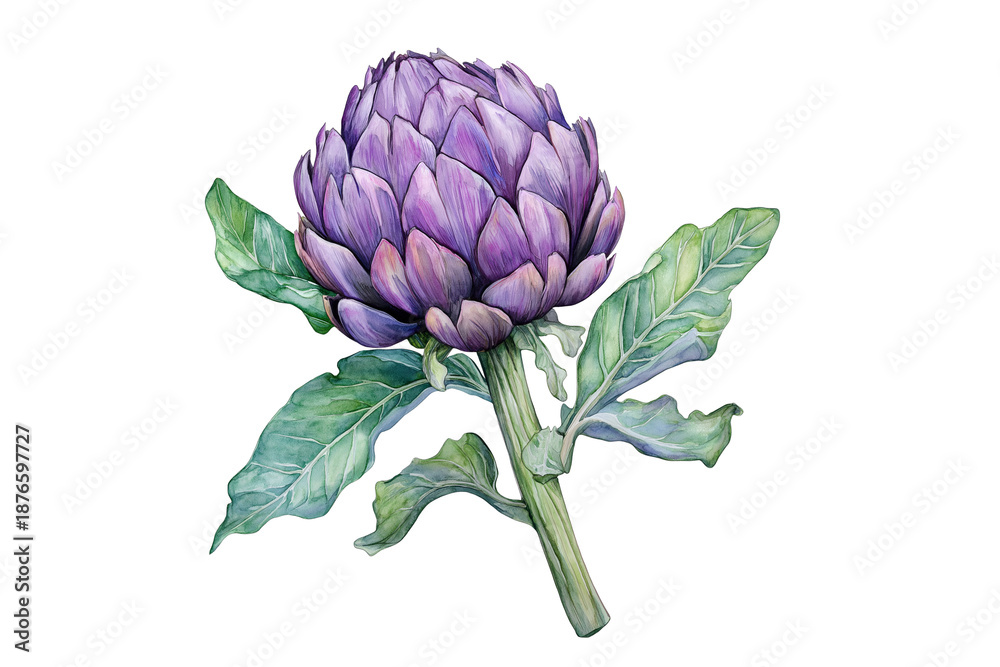 Fototapeta premium Watercolor Purple Artichoke Vector Illustration with Leaves Isolated on Transparent Background Culinary Clipart