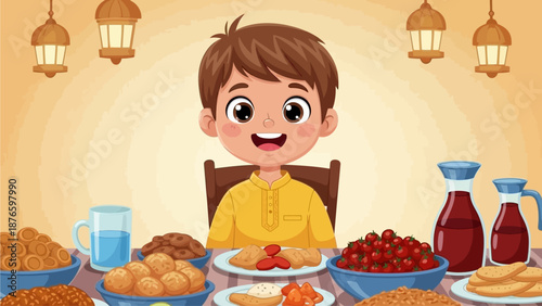 A young boy enjoys a festive meal with various dishes and drinks on a decorative table