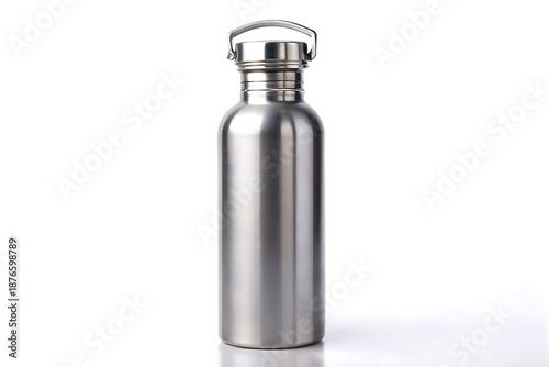 Brushed Silver Stainless Steel Reusable Water Bottle with Metal Loop Cap, Eco-Friendly Durable Metal Flask for Camping and Hiking on White Background