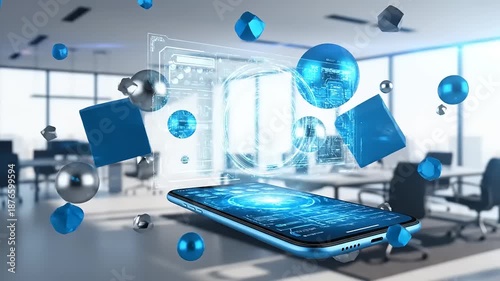 Futuristic Office with Floating Geometric Shapes and Smartphone Displaying Digital Interface.