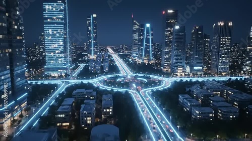 Futuristic Smart City at Night with Glowing Blue Network Lines Connecting Buildings and Roads, Representing Advanced Urban Technology and Data Flow.