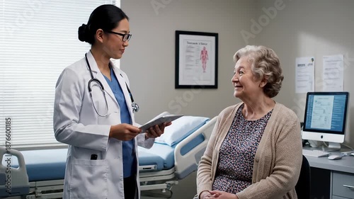 Senior woman, doctor tablet and medical consultation in a hospital office with communication and results. Elderly patient, health worker and healthcare advice in a clinic with digital report.