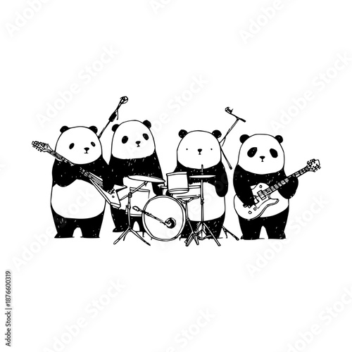 Panda Bears Playing Guitar, Drums, and Bass in Black and White
