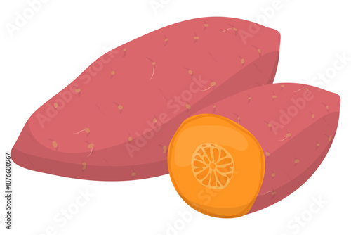 Flat vector illustration of whole and sliced sweet potato with orange flesh. Minimalist food icon isolated on white background.