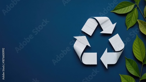 White three dimensional recycling symbol made of paper rests against a dark blue background next to vibrant green plant leaves.
