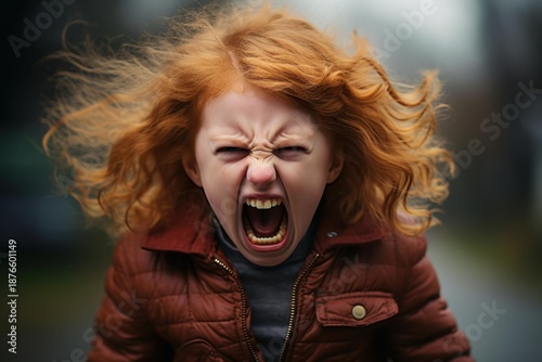 Redhead child screaming loudly, expressing intense anger and frustration with wide open mouth