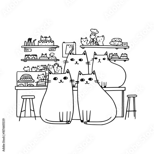 Three Cats Sitting in Cat Cafe with Shelves