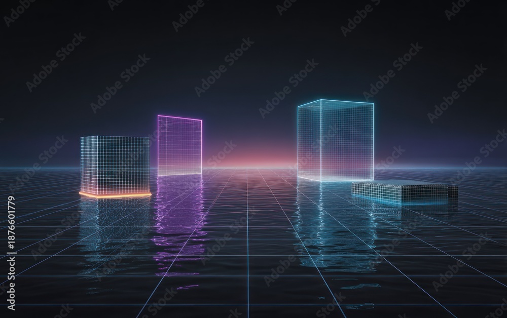 Fototapeta premium Futuristic, geometric cubes of light and wireframe float above a reflective, grid-lined surface