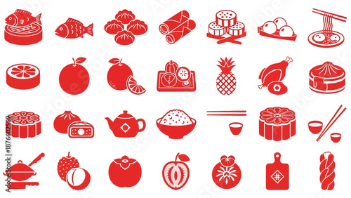 Lunar New Year Lucky Food Red Icons Set, Chinese Traditional Cuisine, Dim Sum, Festival Dishes, and Oriental Gastronomy Vector Elements