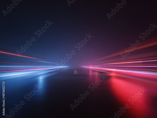 A road at night, colored by streaks of red and blue light. Perspective