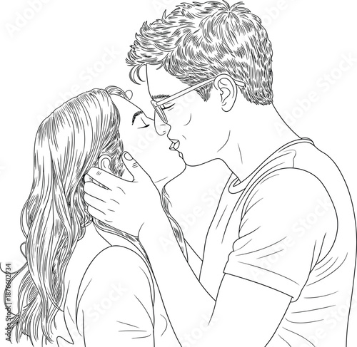 Couple kissing with eyes closed in line art style love