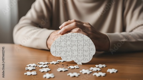 Mental health awareness and cognitive brain function. Neurology research and memory puzzle solution. Person sitting at a table with a brain shaped puzzle and scattered pieces