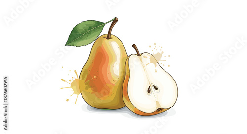 Beautiful illustration of two pears, one whole and one halved showing the seeds, with yellow and brown watercolor paint splatters.