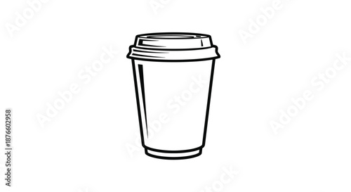 Simple black and white line art drawing of a disposable paper coffee cup with a plastic lid on a white background.