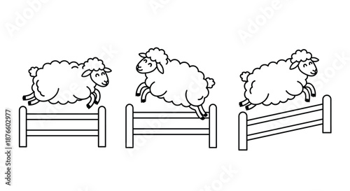 Playful black and white line art illustration showing three fluffy sheep jumping over fences representing the concept of counting sheep to sleep.
