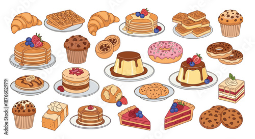 Delightful collection of various hand-drawn dessert illustrations including pancakes with berries, muffins, cakes, donuts, and cookies.