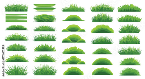 Diverse collection of green grass and shrub patches in different shapes and styles for landscaping and garden design illustrations.